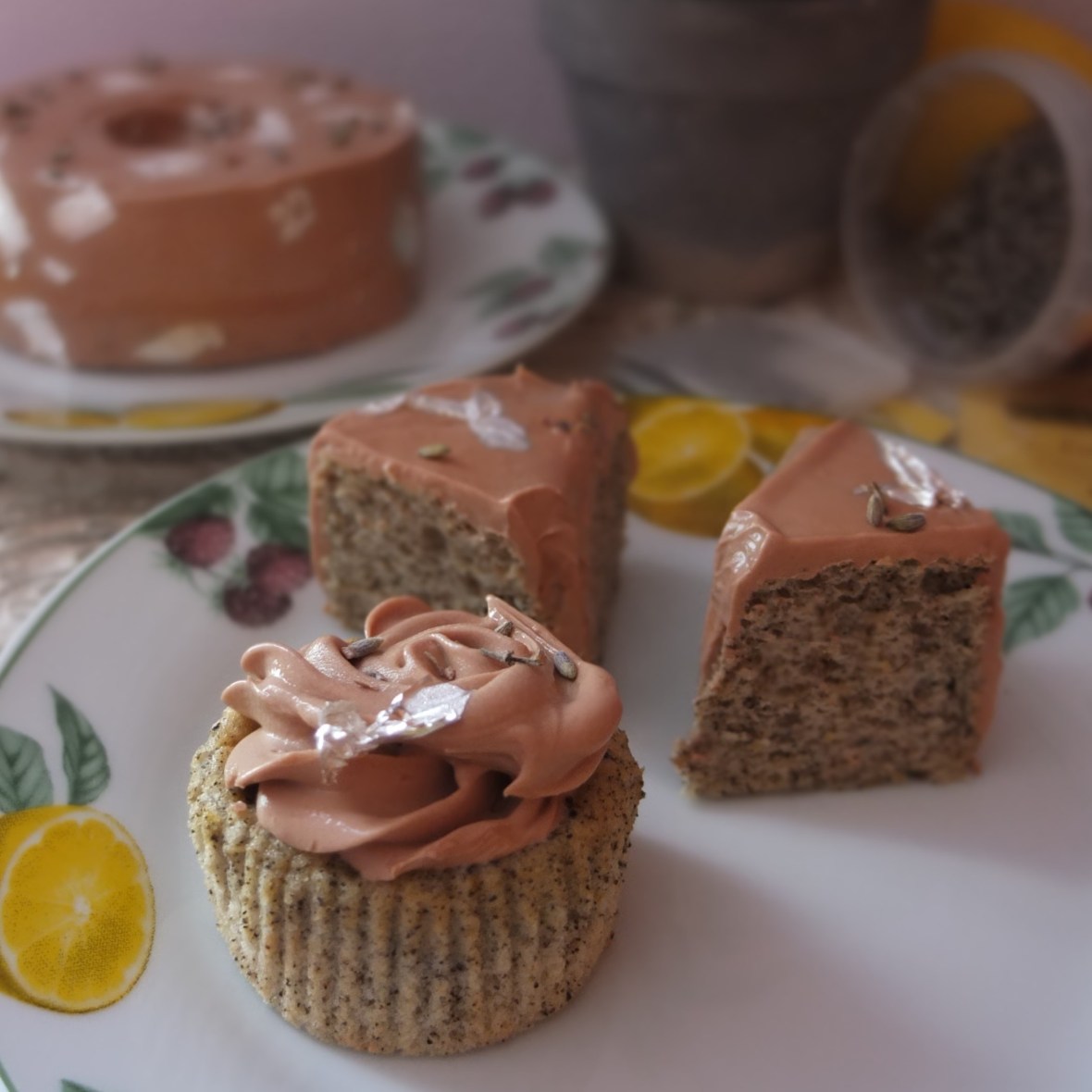 Earl Grey tea, lemon and lavender mini chiffon cakes and cupcakes with chocolate lavender buttercream