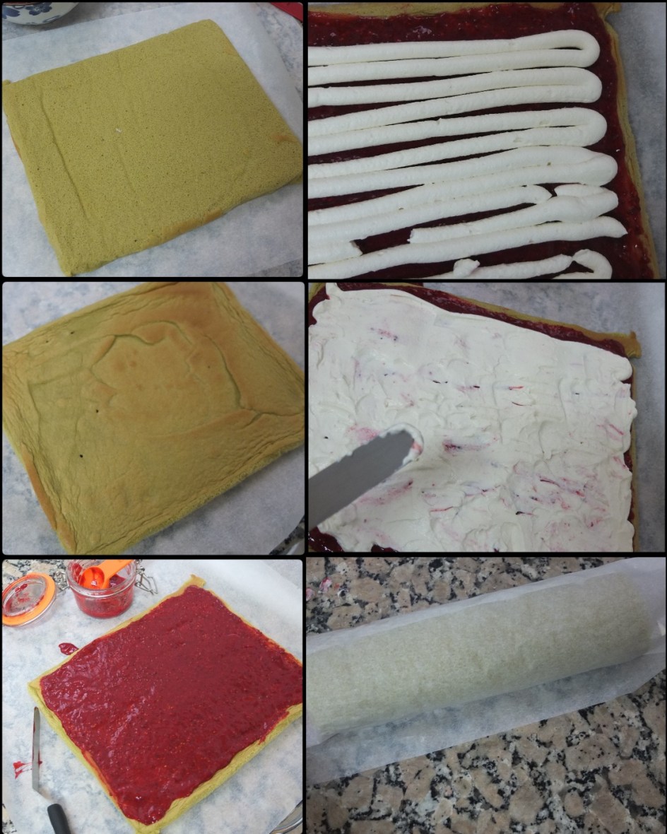 Matcha swiss roll soufflé sponge - assembling