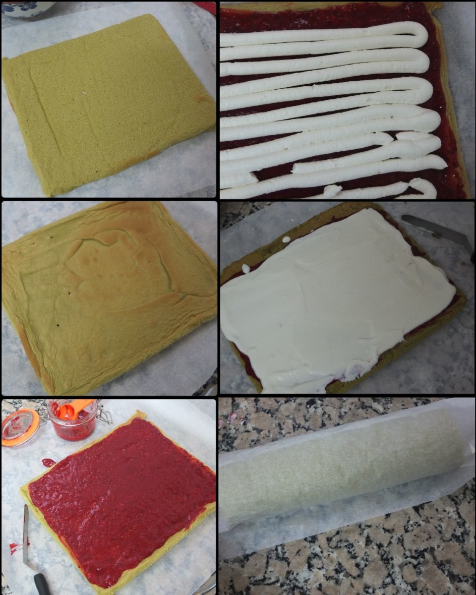 Matcha swiss roll soufflé sponge - assembling