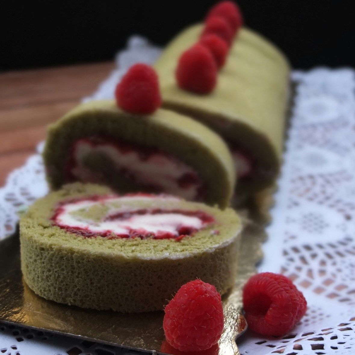 Matcha, raspberry and ricotta cream swiss roll