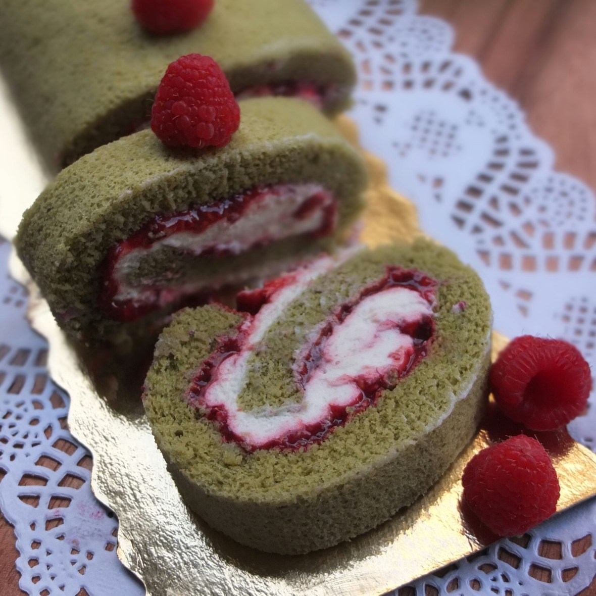 Matcha, raspberry and ricotta cream swiss roll