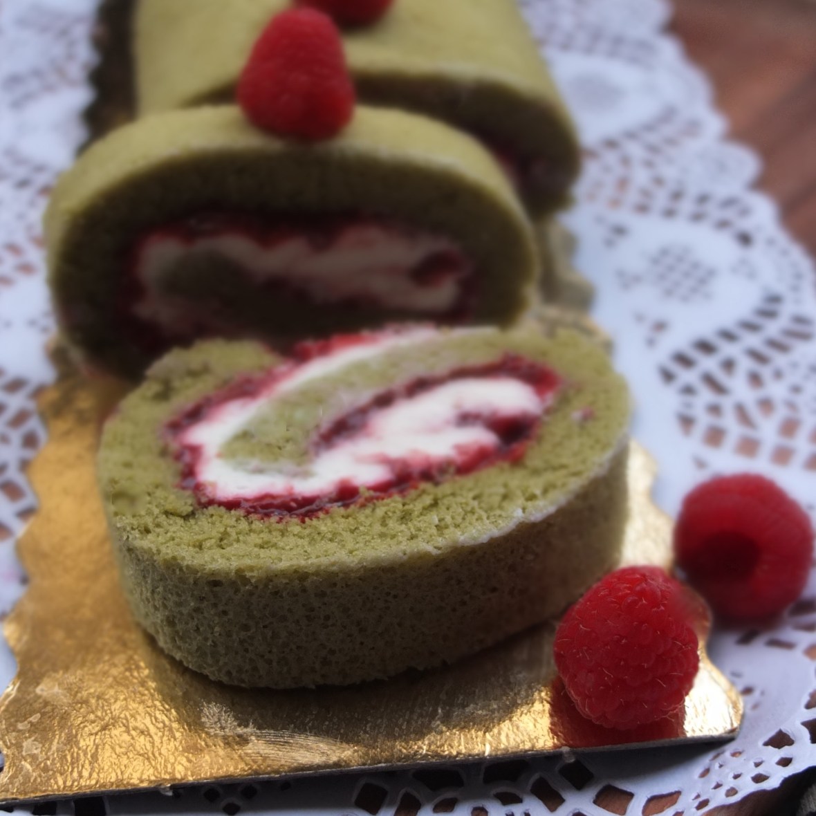Matcha, raspberry and ricotta cream swiss roll