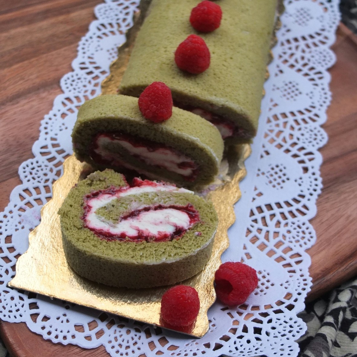 Matcha, raspberry and ricotta cream swiss roll