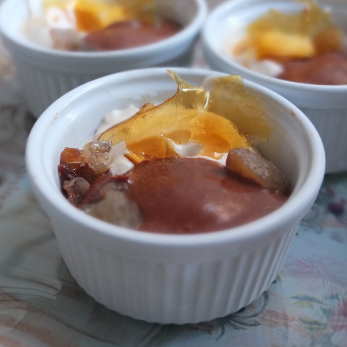 Chestnut crème brulée, chocolate sorbet and tonka cream