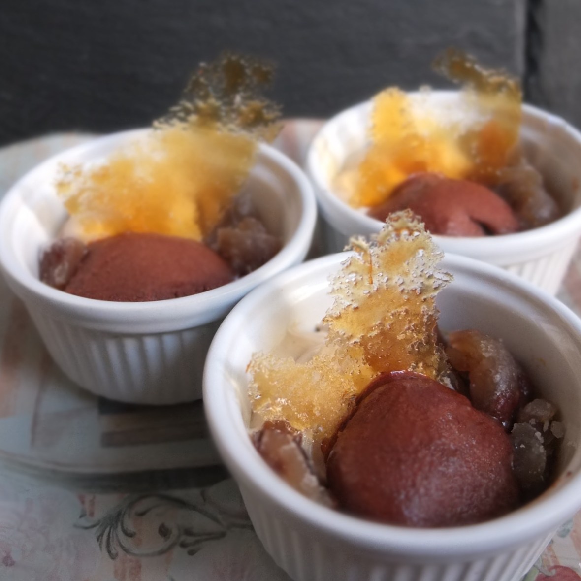 Chestnut crème brulée, chocolate sorbet and tonka cream