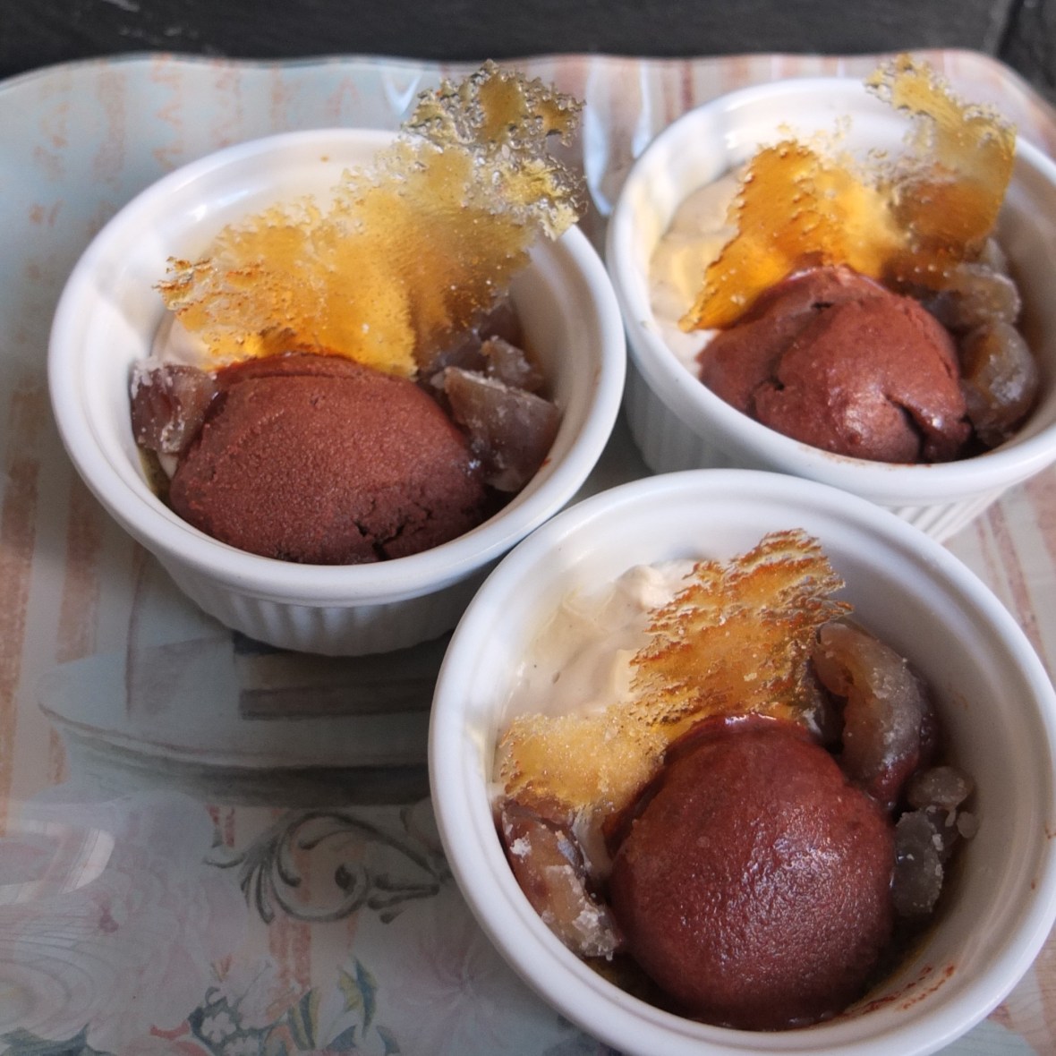 Chestnut crème brulée, chocolate sorbet and tonka cream