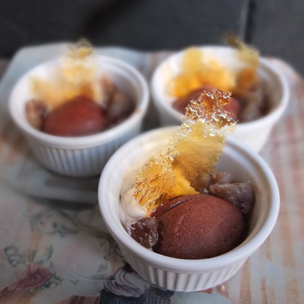 Chestnut crème brulée, chocolate sorbet and tonka cream