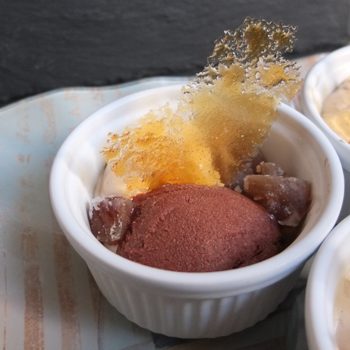 Chestnut crème brulée, chocolate sorbet and tonka cream