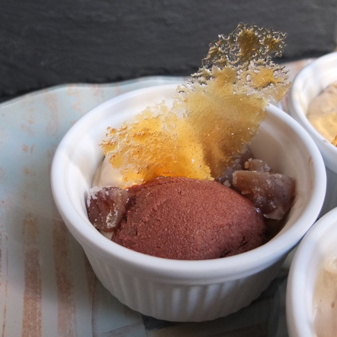 Chestnut crème brulée, chocolate sorbet and tonka cream