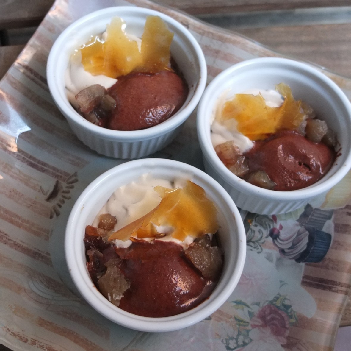 Chestnut crème brulée, chocolate sorbet and tonka cream