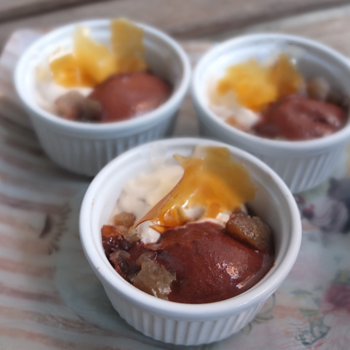 Chestnut crème brulée, chocolate sorbet and tonka bean cream