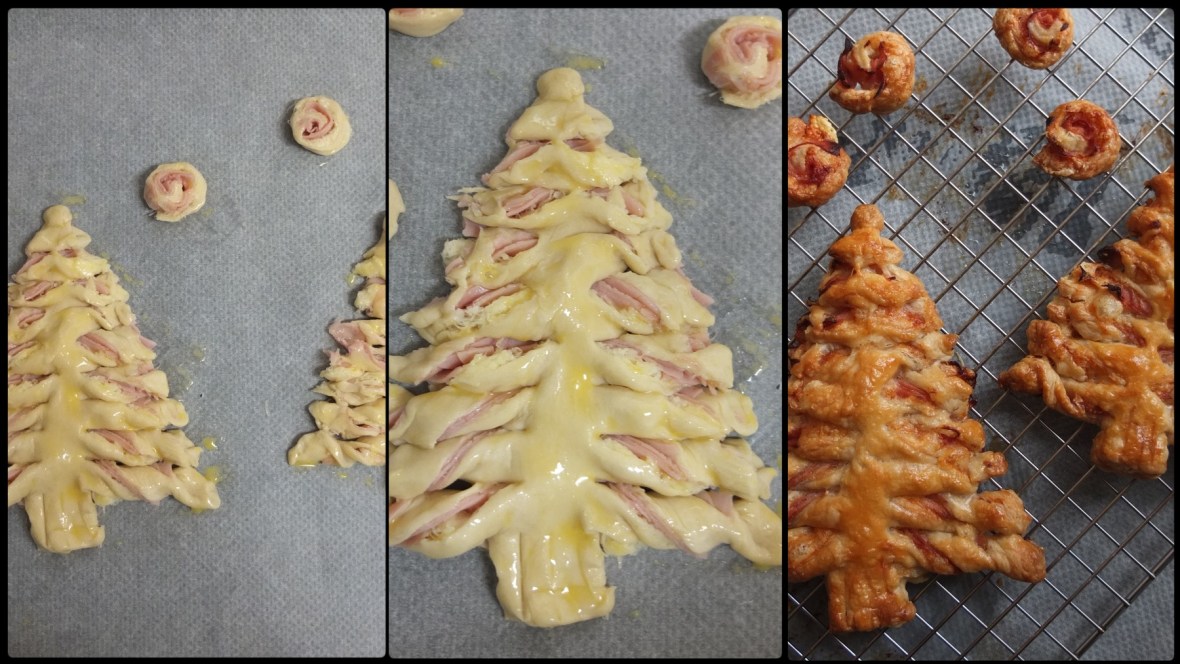 Making ham and cheese puff pastry Christmas trees 2
