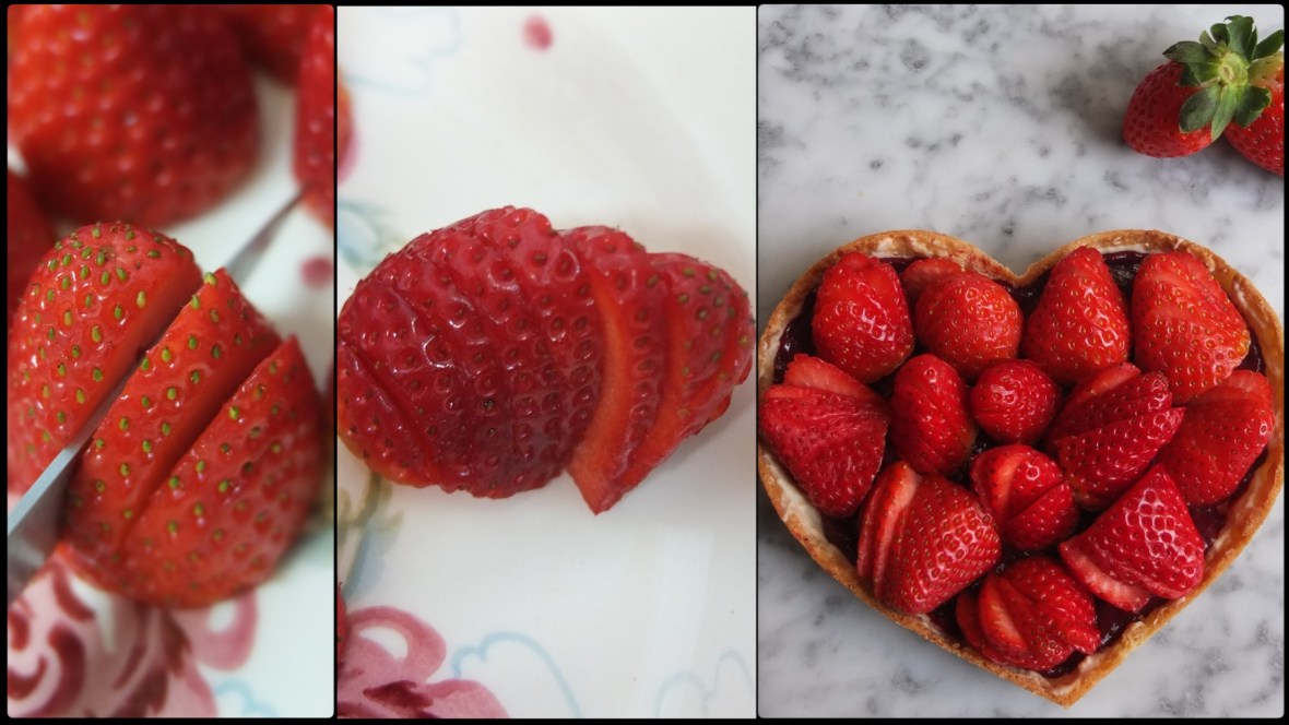 Slicing strawberries for the tart