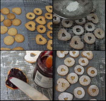 Assembling Linzer jam sandwich cookies