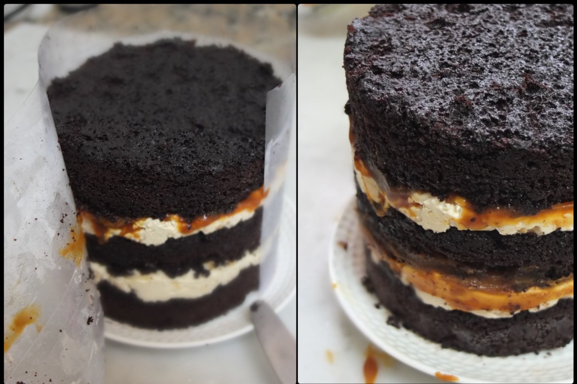 Preparing the Snickers Cake for frosting