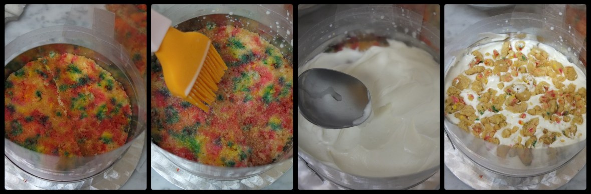 Assembling the birthday layer cake 2