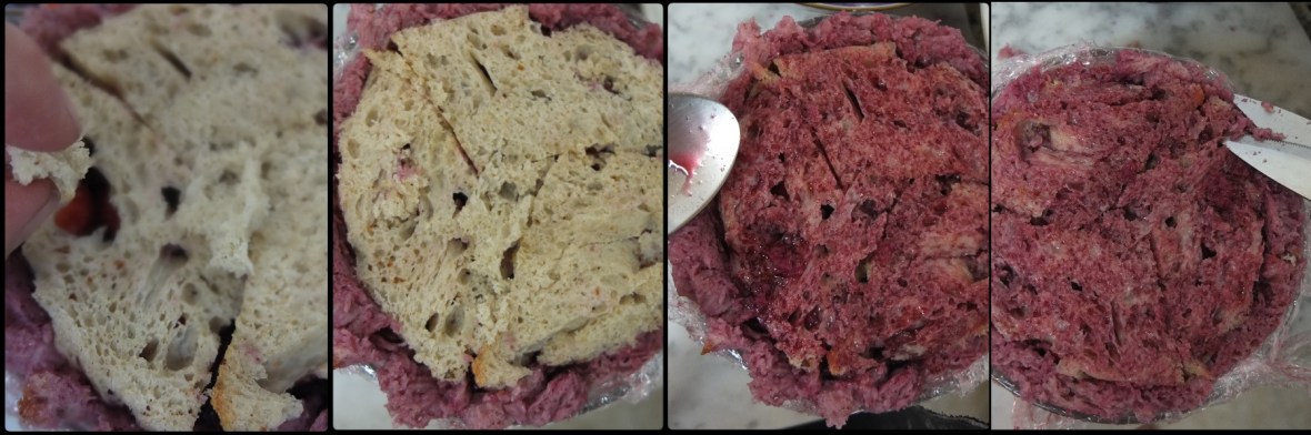 Assembling the sourdough summer pudding