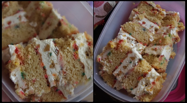Slices of birthday layer cake for the freezer