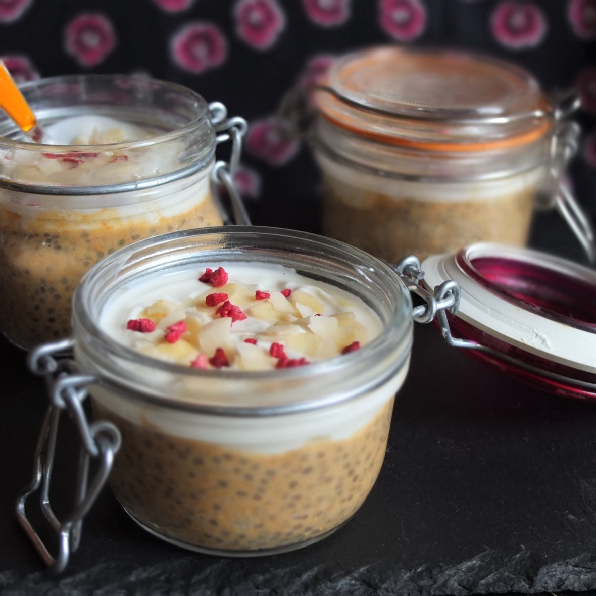 Healthy pumpkin chia pudding with maple syrup skyr topping