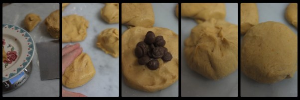 Pumpkin and chocolate buns, shaping