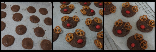 Decorating the baked Rudolph chocolate cookies