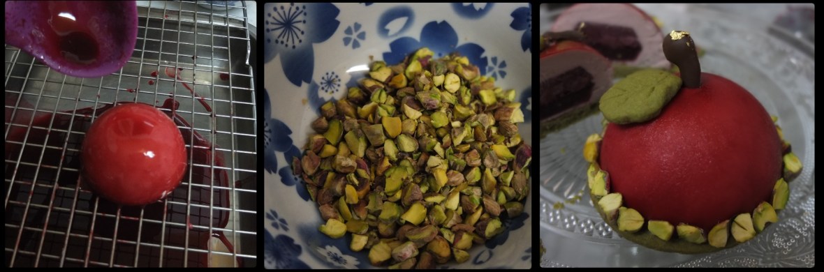 Assembling the cherry matcha dome cakes
