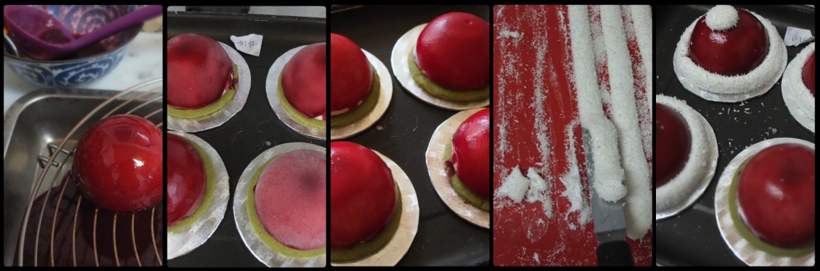Assembling the santa hat cherry matcha dome cakes