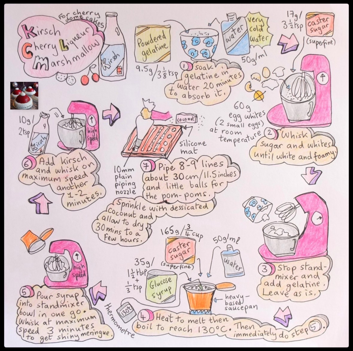 Cherry dome cakes (santa hats) illustrated recipe - kirsch marshmallow