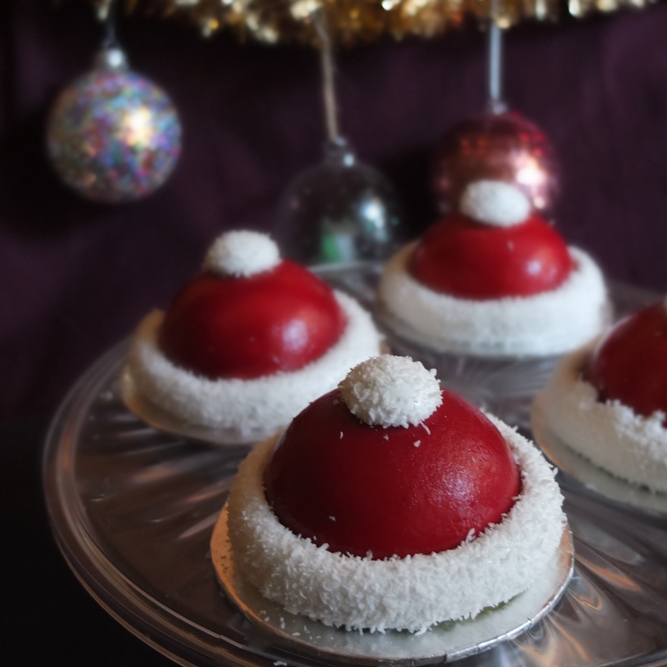 Santa hat cherry and matcha dome cakes