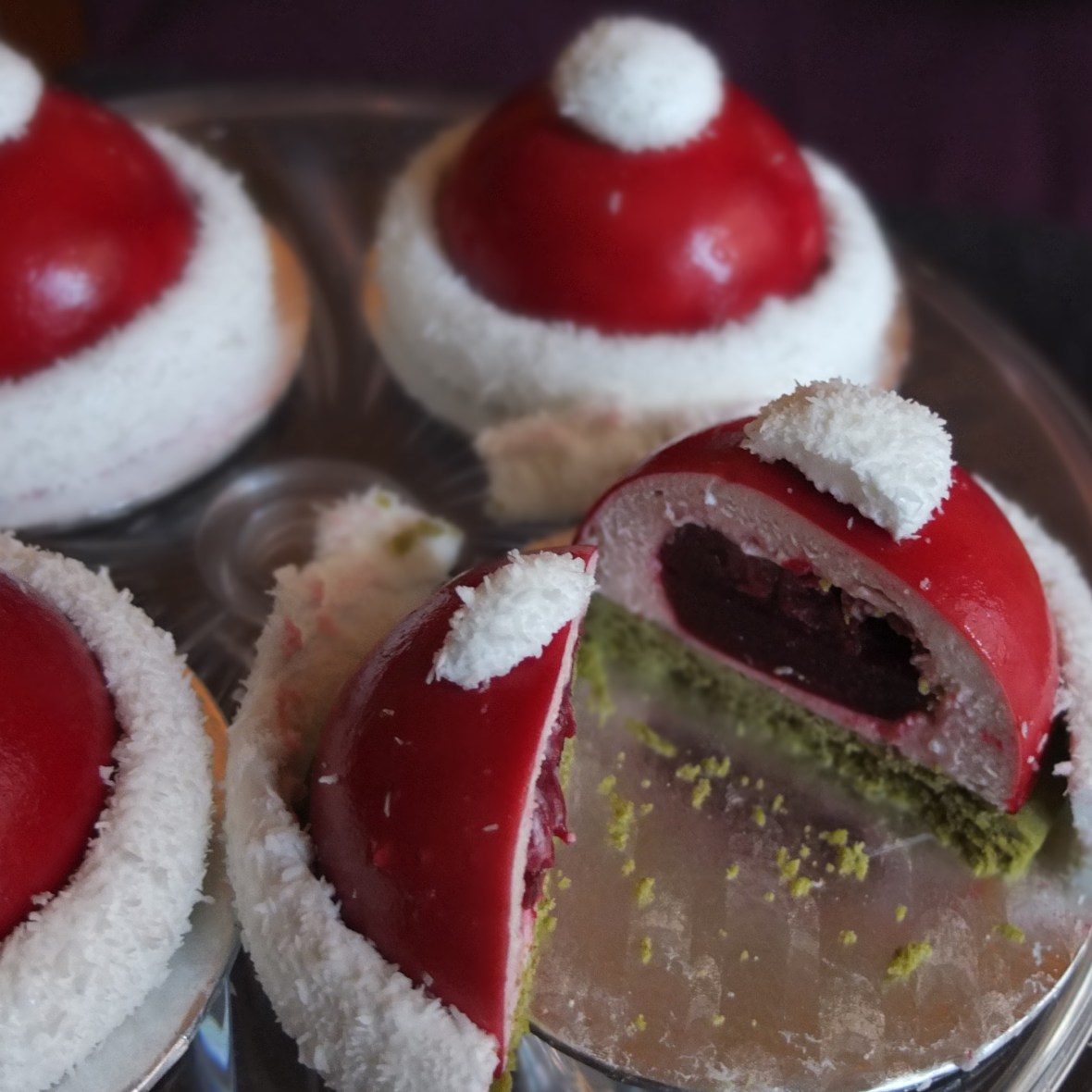 Santa hat cherry and matcha dome cakes