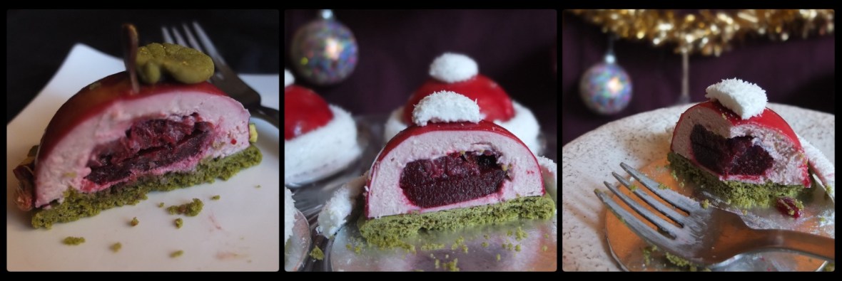Eating cherry or Santa hat dome cakes