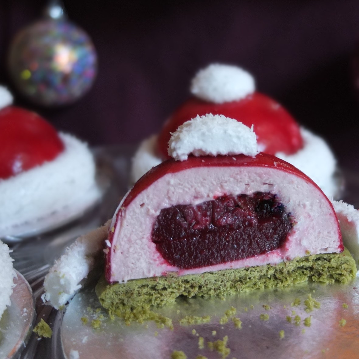 Santa hat cherry matcha dome cakes