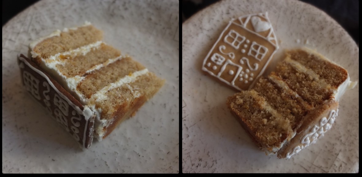 Slices of gingerbread village orange spiced cake