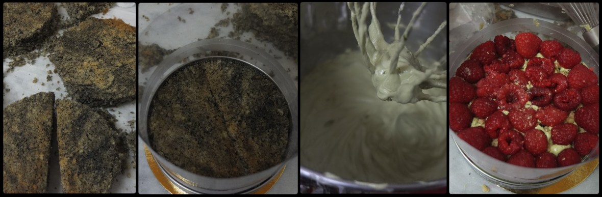 Black sesame. raspberry and matcha cake - assembling 1
