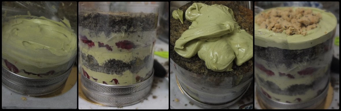 Black sesame. raspberry and matcha cake - assembling 2
