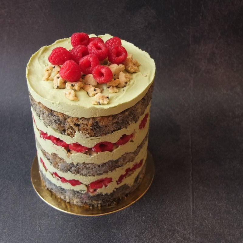 Black sesame, raspberry aand matcha layer cake