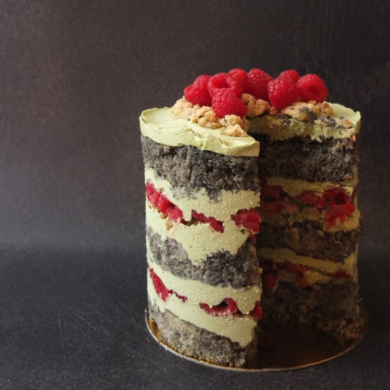 Black sesame, raspberry aand matcha layer cake