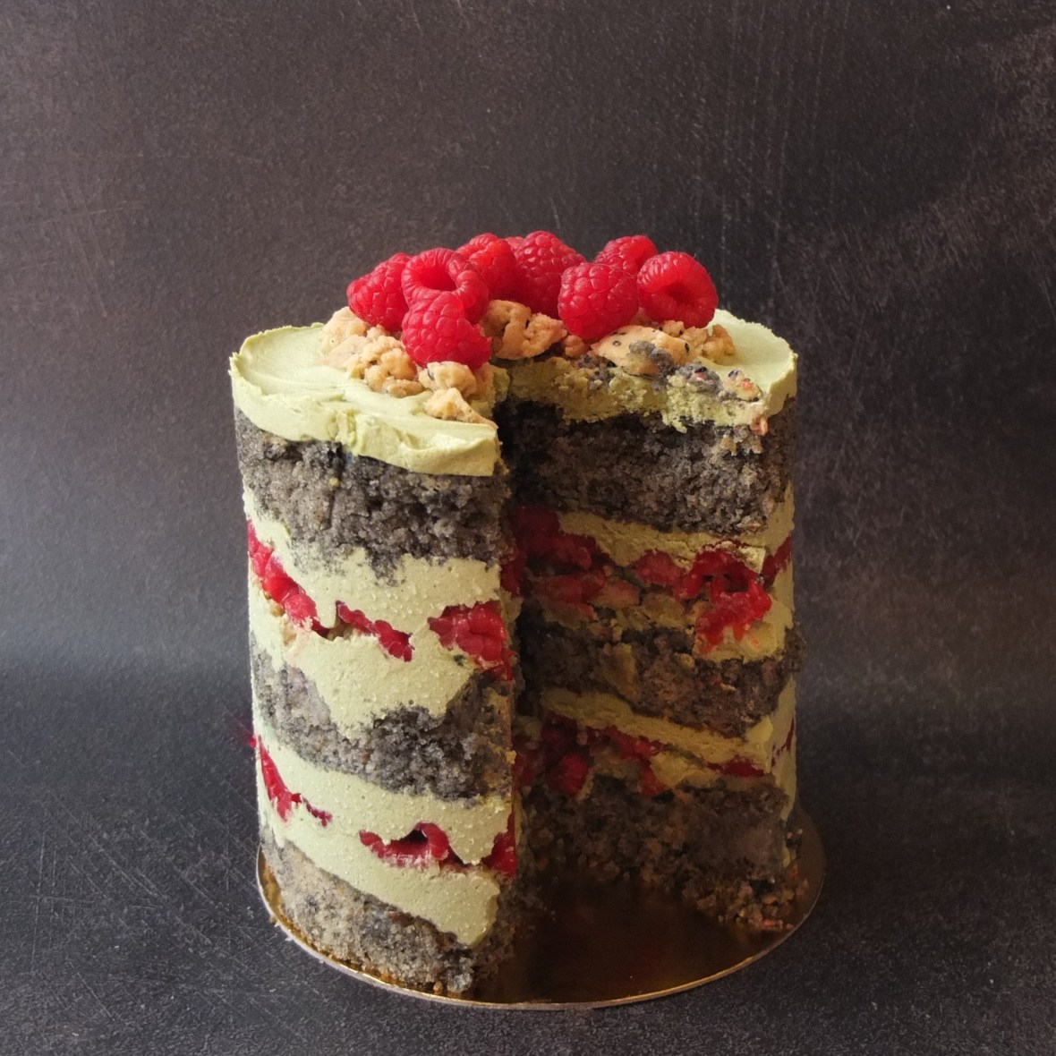 Black sesame, raspberry aand matcha layer cake