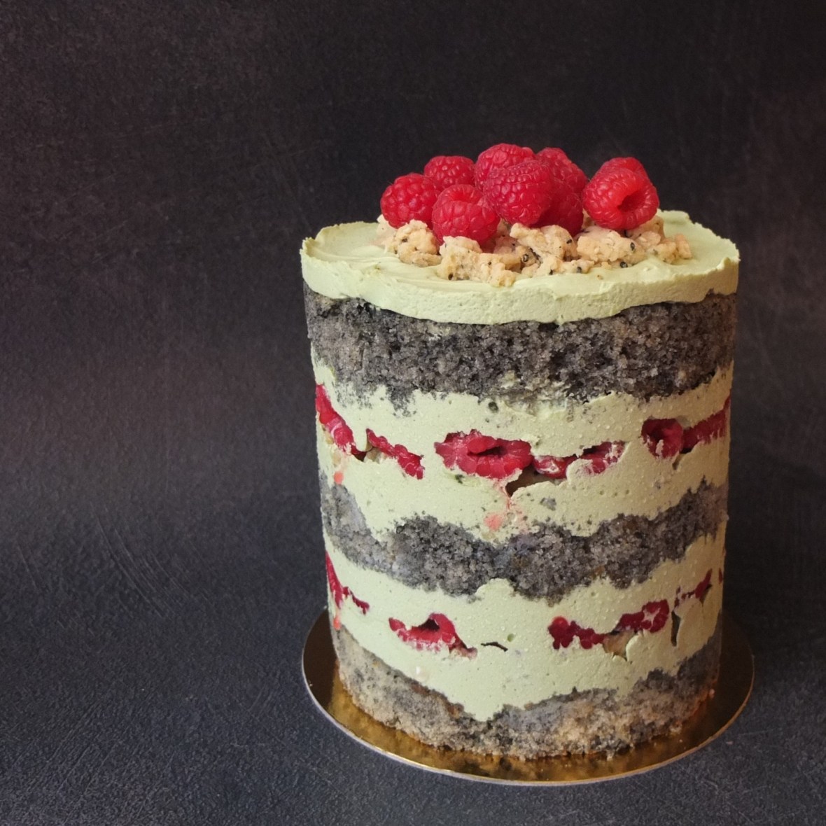 Black sesame, raspberry aand matcha layer cake
