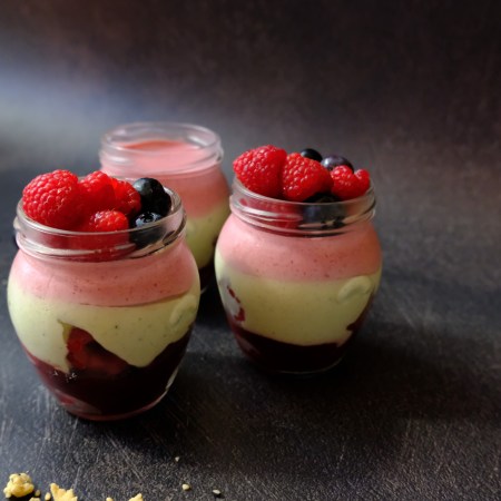 Blackcurrant, raspberry, matcha verrines