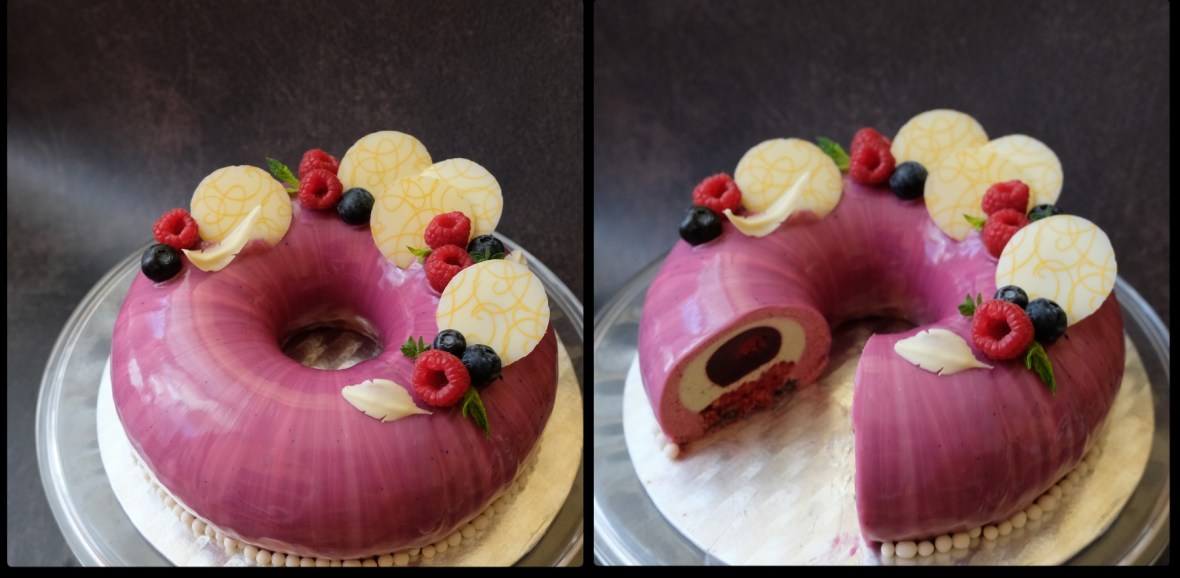 Trinity entremets - blackcurrant, raspberry, matcha and black sesame mousse cake