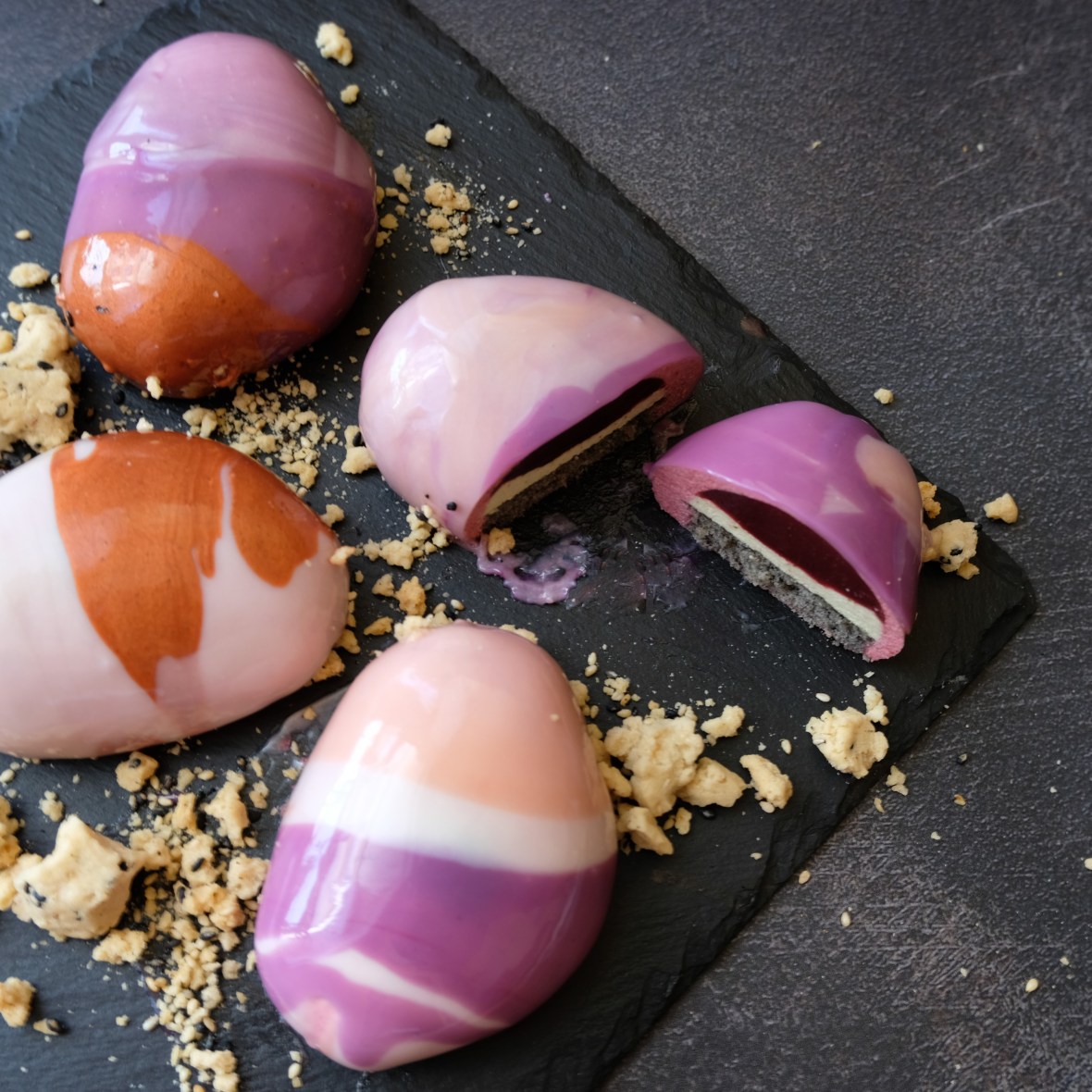 Zen stones mousse cakes - blackcurrant, raspberry, matcha and black sesame entremets