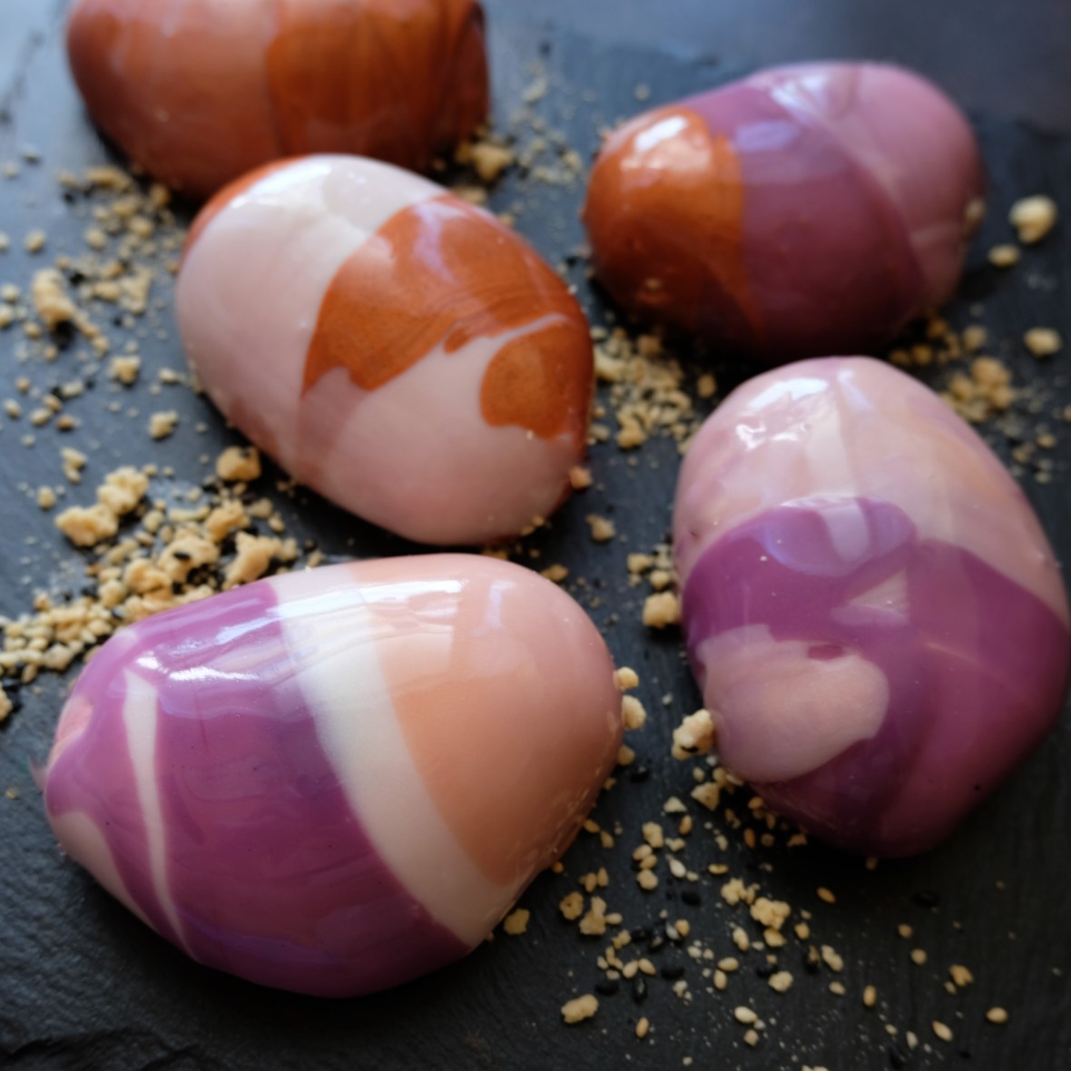 Zen stones mousse cakes - blackcurrant, raspberry, matcha and black sesame entremets