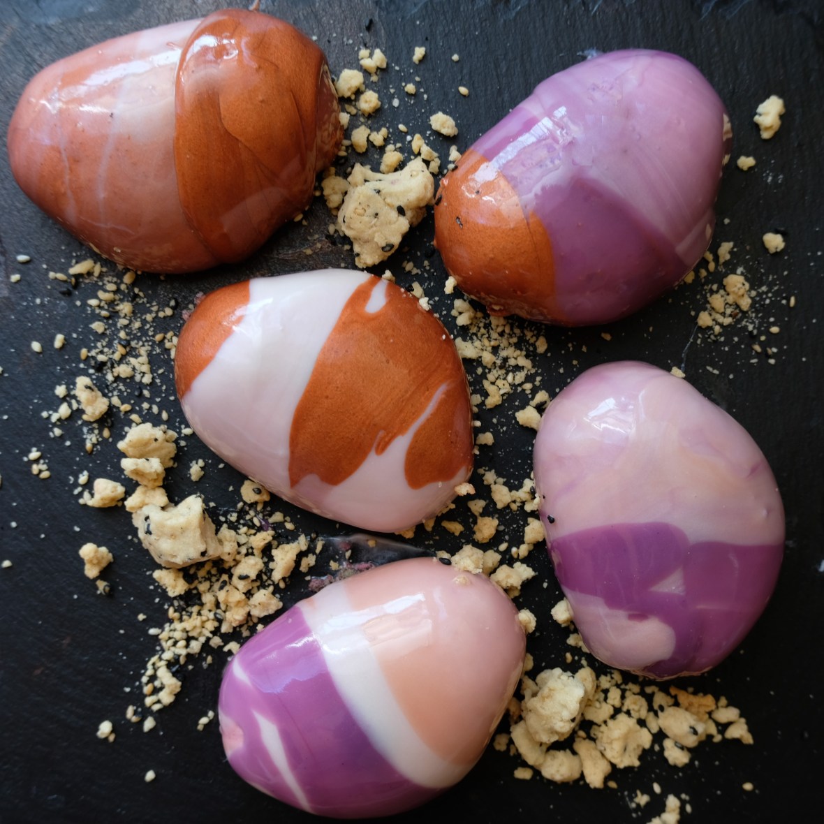 Zen stones mousse cakes - blackcurrant, raspberry, matcha and black sesame entremets