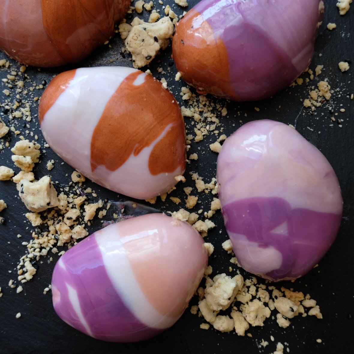 Zen stones mousse cakes - blackcurrant, raspberry, matcha and black sesame entremets