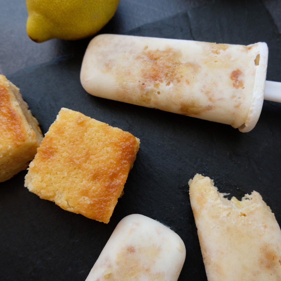 creamy lemon squares in half-healthy lime yoghurt and skyr ice lollies (popsicles)
