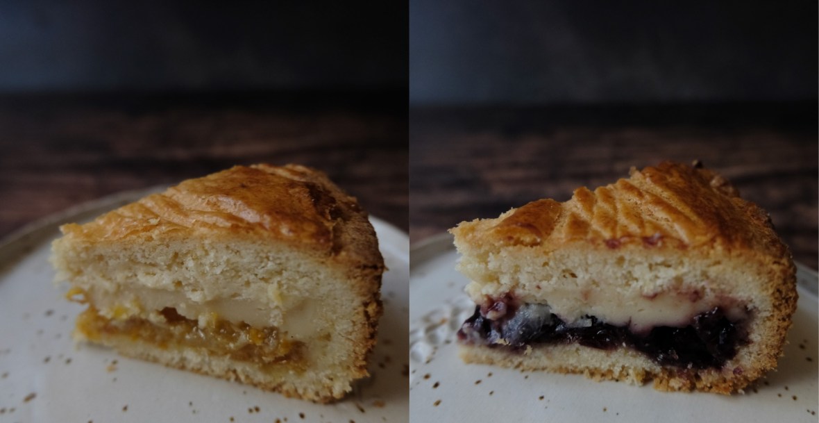Slices of mandarin and black cherry Gâteaux Basques