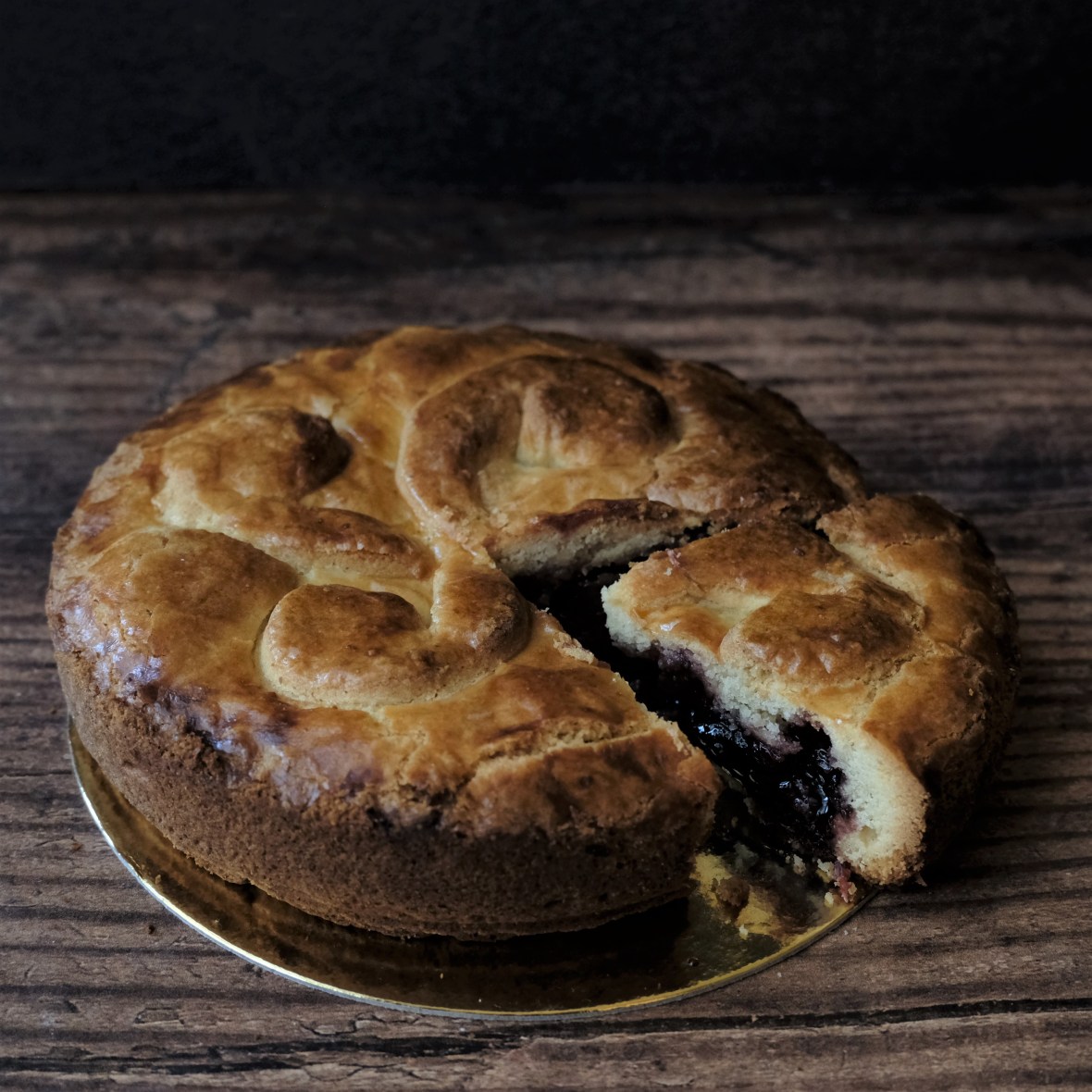sour cherry jam, redcurrant and walnut gateau basque