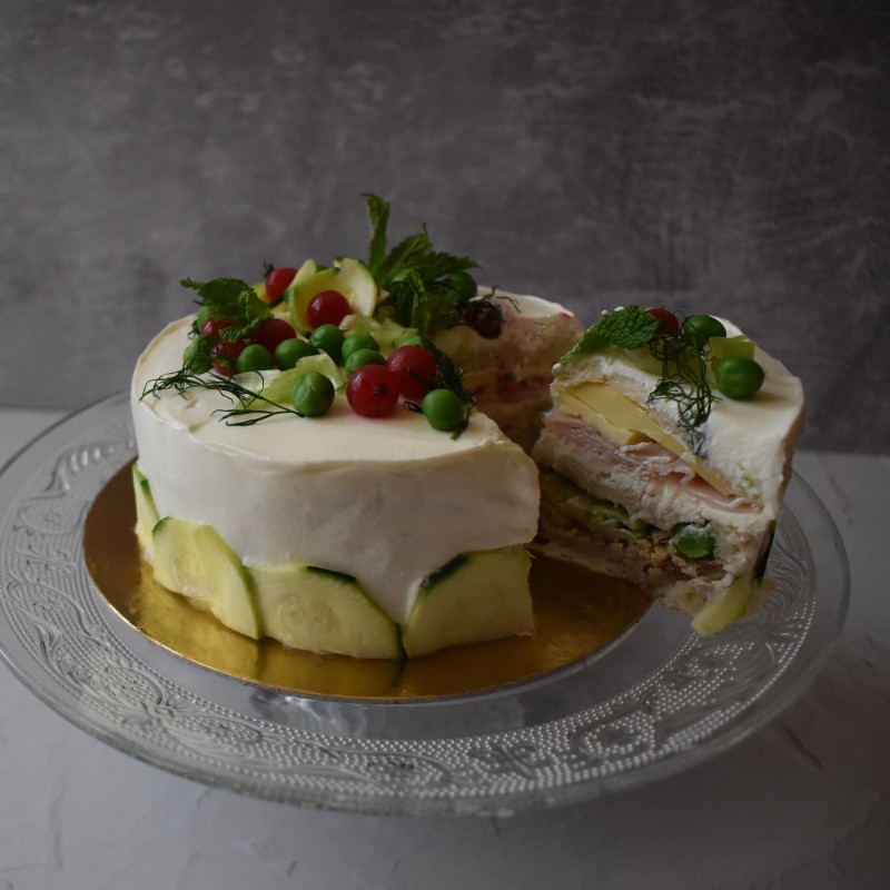 Swedish sandwich cake with paté, cheese and turkey