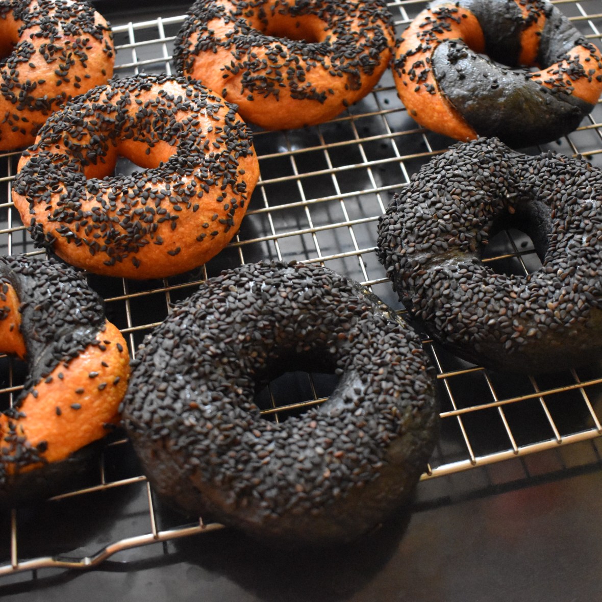 activated charcoal and turmeric sourdough bagels